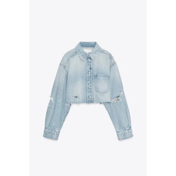 ZARA TRF RIPPED CROP DENIM OVERSHIRT - Picture 6 of 8